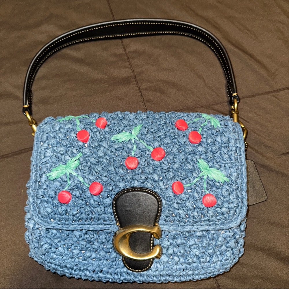 Coach Blue Woven Shoulder Bag with Cherry Accents